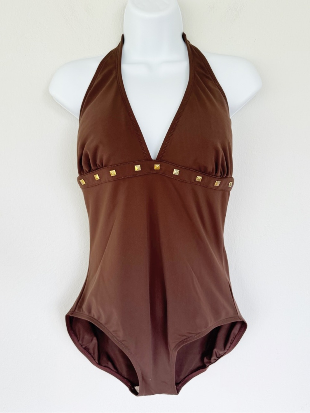 Merona brown gold stud v-neck tie halter neck one piece bathing suit size large